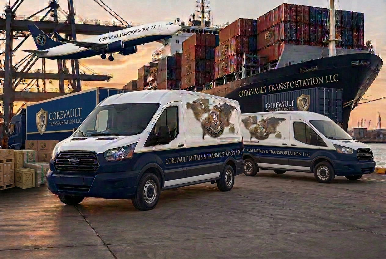 Container ship docked at port with a CoreVault cargo van and palletized cargo boxes on the dock at sunset
